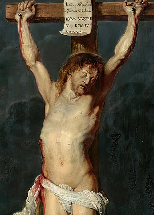 Chi tiết máu và nước chảy ra từ vết thương của Chúa Jesus trong tranh Rubens.
