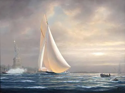 Tim Thompson - Shamrock and liberty: Sir Thomas Lipton with his Americas Cup challenger shamrock taking the salute off the Statue of Liberty at dusk