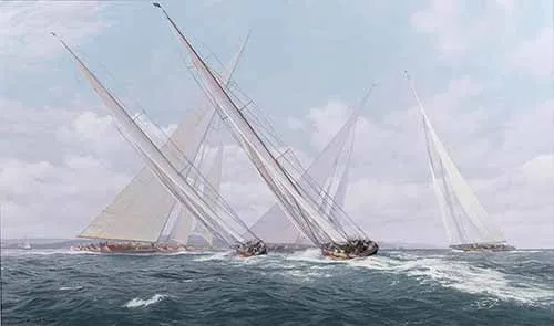 John Steven Dews - The Js take the lead in the Royal Southern Yacht Club Match on 10th August (Yankee, Shamrock, Velsheda, Britannia and Endeavour in the West Solent), 1935