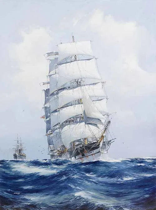Jack Spurling - The square-rigged wool clipper Argonaut under full sail and running before the wind, with the P.& O. steamer Mooltan in her wake astern, 1925