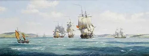  Derek G.M. Gardner - Indefatigable, 44, with Jason, Concorde and Duke of York (Lugger) leaving Falmouth, April 1795, 1795