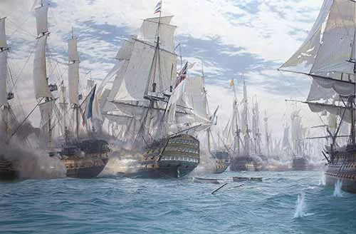 John Steven Dews - The Battle of Trafalgar - H.M.S. Victory breaking the enemy line and raking the stern of the French flagship as she goes through