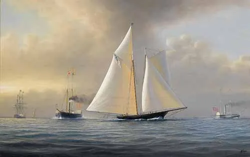 Tim Thompson - America crossing the finish line into immortality, with Queen Victoria watching from the royal yacht Victoria and Albert (II) astern