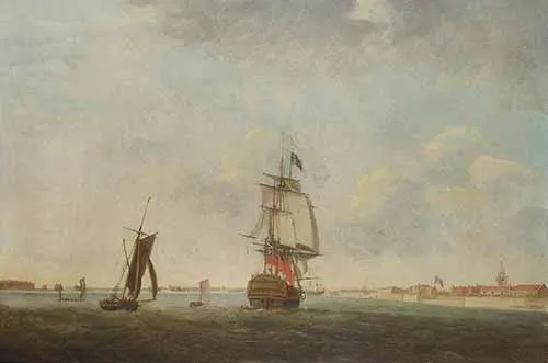 Attributed to William Elliott - A man-o'war heading into Portsmouth harbour