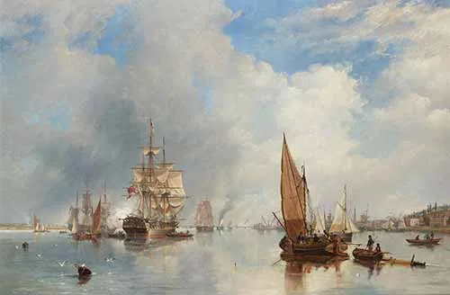 John Wilson Carmichael - On the Thames at Woolwich, with the 'Buckinghamshire' Indiaman going down the river