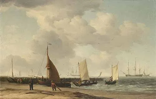 Charles Brooking - A Dutch Beach Scene with a Man-of-War in the Distance