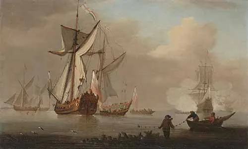 Follower of Peter Monamy - A group of official yachts arriving at an anchorage and receiving a salute