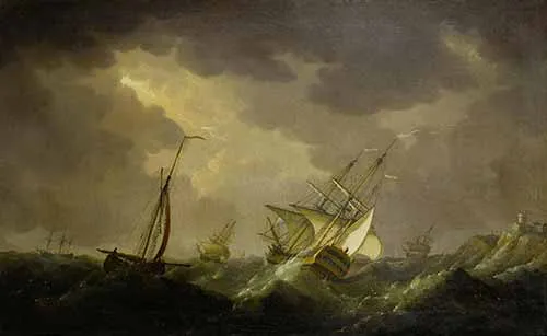 Charles Brooking - Men o'-war off a rocky coastline