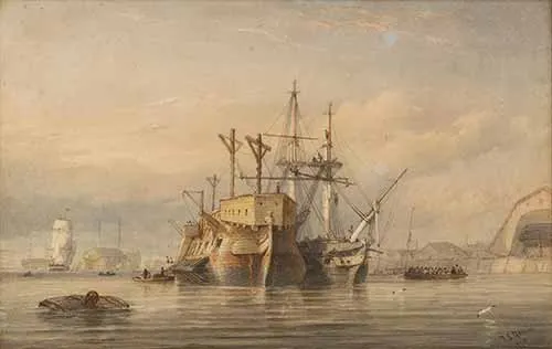 Thomas Sewell Robins - A frigate refitting alongside a hulk in Devonport