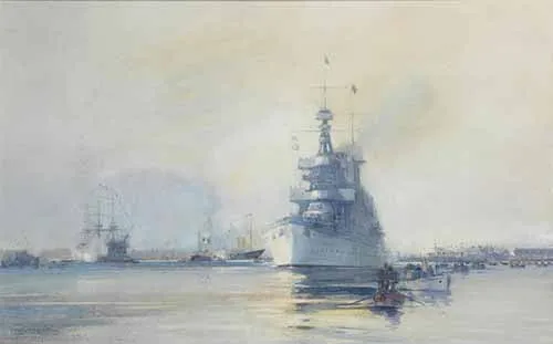 Frank Henry Mason - H.M.S. Renown leaving Portsmouth harbour, sunset, October 28th 1921, 1921