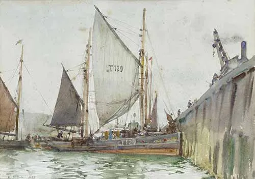 Henry Scott Tuke - A Lowestoft trawler coming alongside the quay