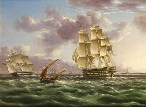 James Edward Buttersworth - A fast frigate overhauling a first-rate in the Mediterranean
