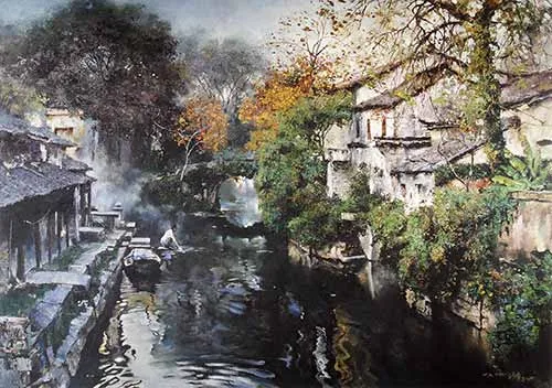 Quang cảnh sương mù tại ngôi làng ở Giang Nam