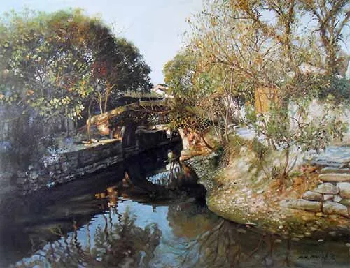 Phong cảnh mùa thu của ngôi làng ven sông tại Giang Nam