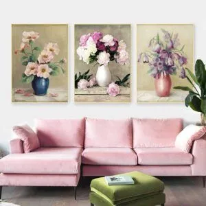 Tranh bộ tĩnh vật 3 bình hoa Anemone hồng, hoa Campanula tím và hoa Peony