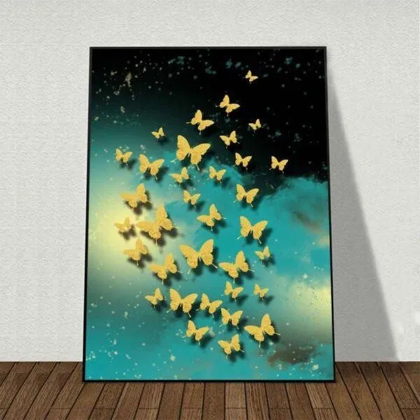 Tranh in canvas trừu tượng đàn chim, đàn bướm và đàn cá bơi quanh mặt trăng, tranh trang trí hiện đại phù hợp treo phòng khách, phòng ngủ